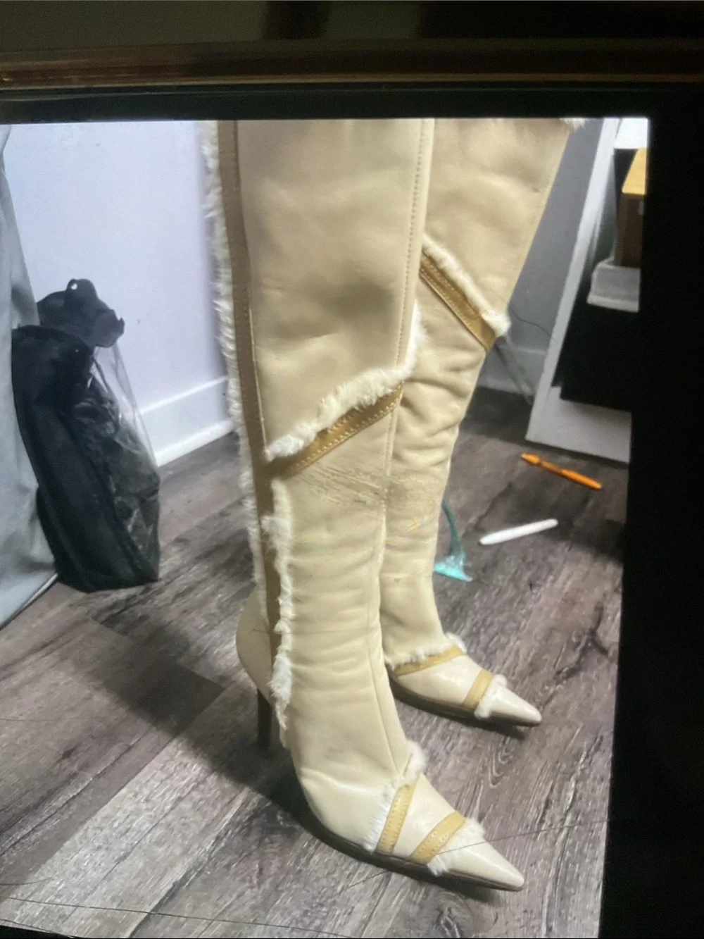 Casadei Cream Over-the-Knee Pointed Toe Boots with Gold Trim